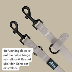 Umhängeleine WOOFLEX® Classic in schlichtem Grau mit zwei Karabinerhaken und verstellbarem Schieber für optimalen Komfort.