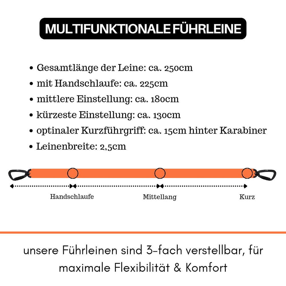 Orangefarbene multifunktionale Führleine aus Nylon mit Sicherheitskarabiner und verstellbaren Längen bis 250 cm.
