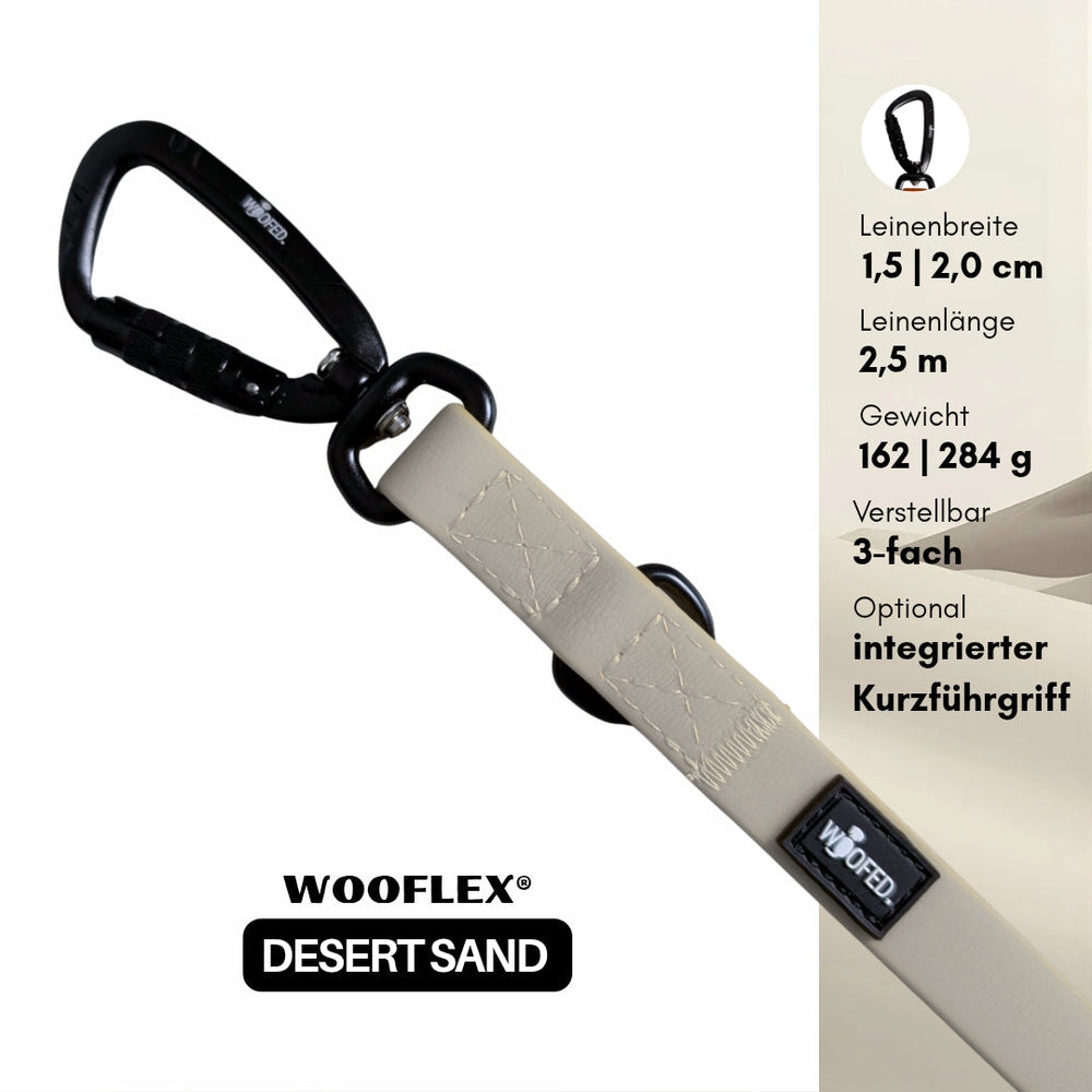 Verstellbare Hundeleine WOOFLEX® Pro in Desert Sand, 1,5 cm und 2,0 cm breit, 2,5 m lang. Ideal für Ausflüge mit Ihrem Hund.