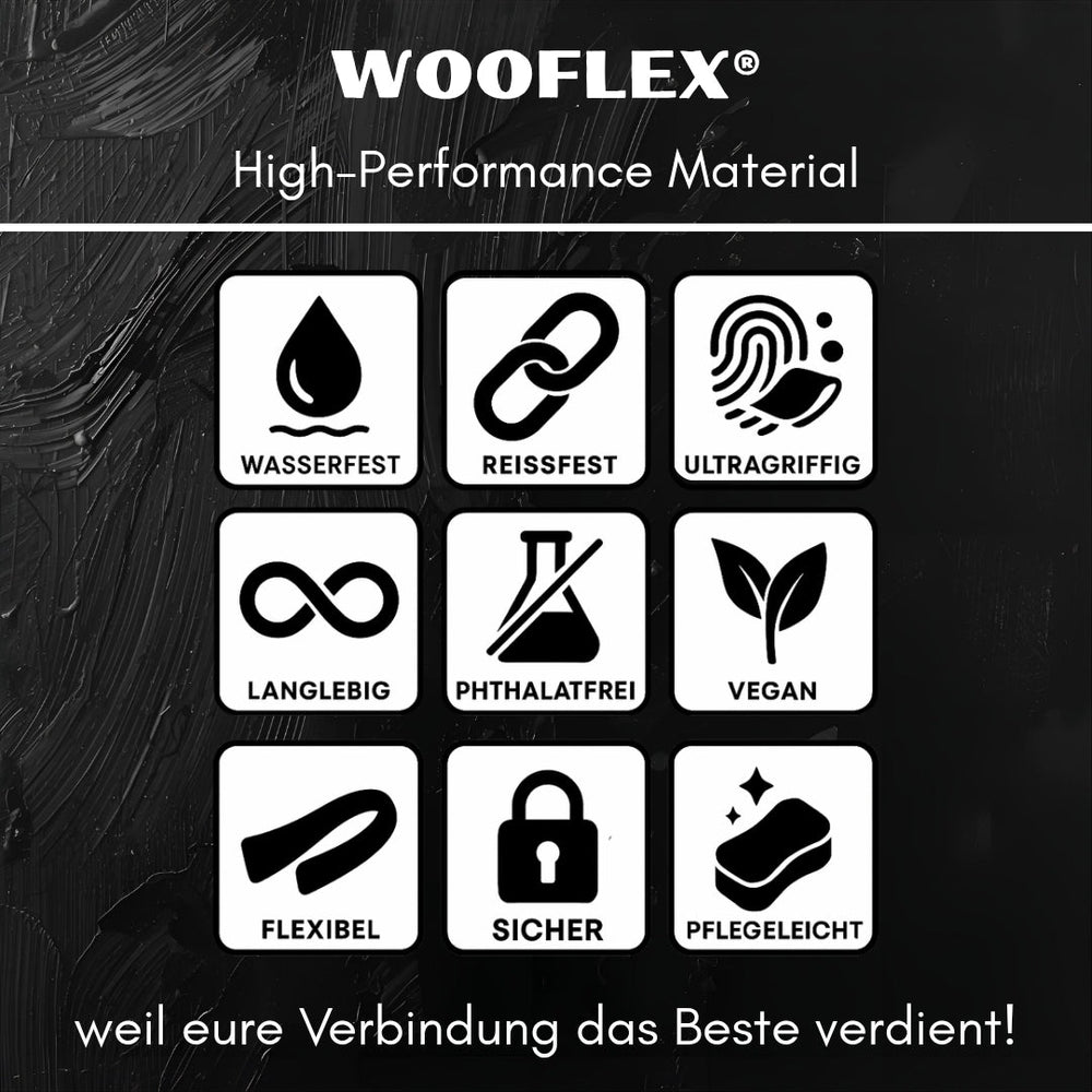 "WOOFLEX® Produktlogo mit Icons für wasserfest, reißfest, langlebig und phthalatfrei."
