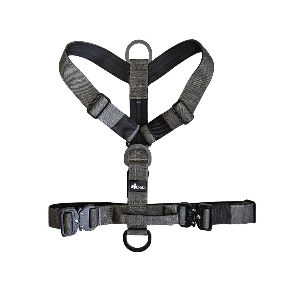 Y-Hundegeschirr von WOOFED in Grau, 4-fach verstellbar mit Haltegriff und D-Ringen für optimale Sicherheit und Komfort.