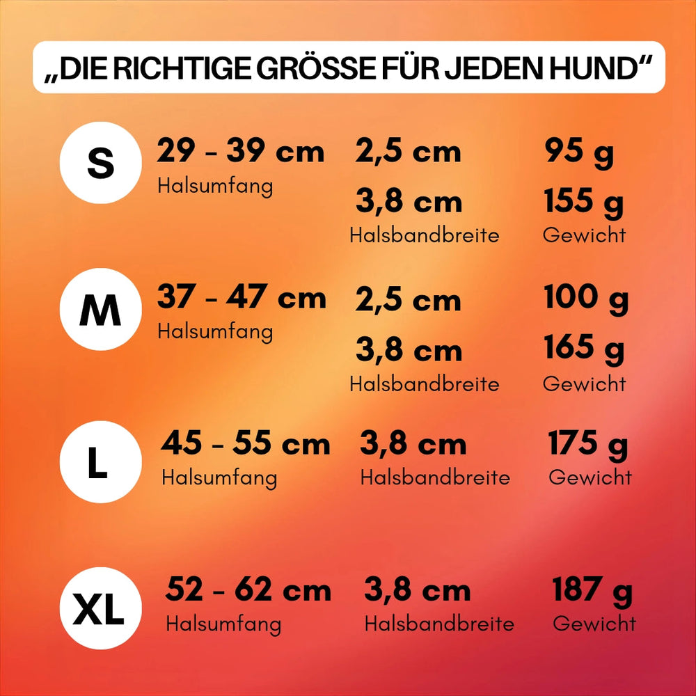 Größentabelle für verstellbare WOOFLEX® Classic Hundehalsbänder mit Halsumfang und Breite.