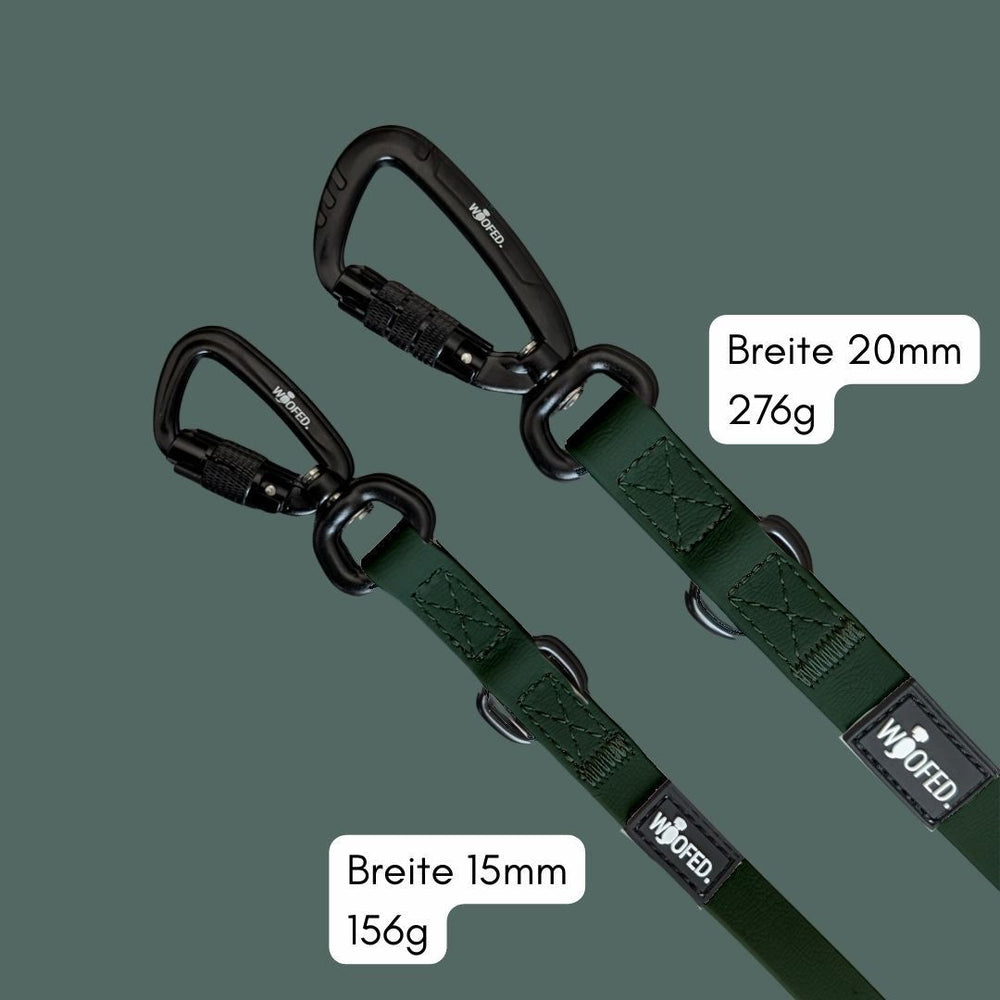 Zwei WOOFLEX® Pro Umhängeleinen in 15 mm und 20 mm Breite, grün mit Metallkarabinerhaken. Ideal für Hundebesitzer.