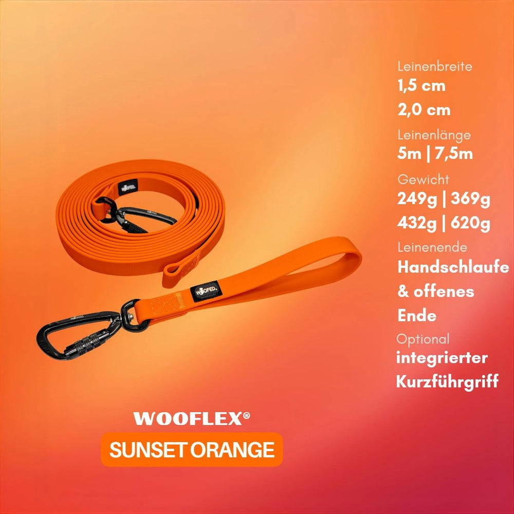Hundeleine WOOFLEX® in Sunset Orange, 1,5 cm breit, erhältlich in 5 m und 7,5 m Längen. Ideal für sichere Hundespaziergänge.