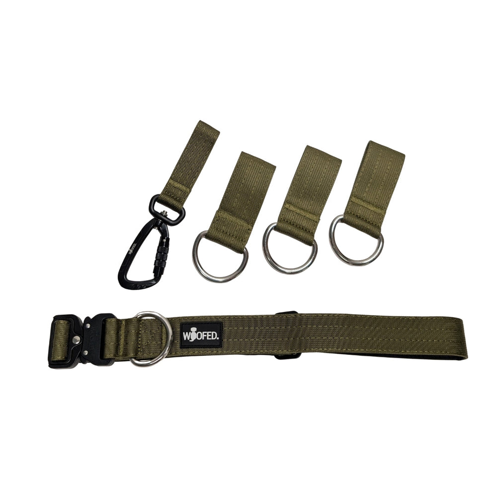 Gassigürtel in olivgrün mit Karabiner und Schlaufen für Hunde, verstellbar und ultraleicht für komfortable Gassirunden.