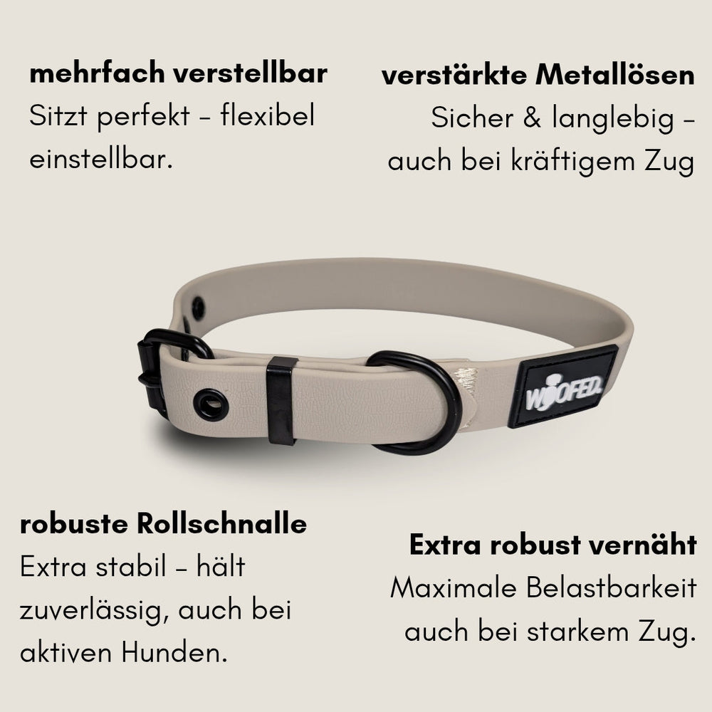 Verstellbares Hundehalsband WOOFLEX® Classic in neutraler Farbe mit Metallösen für Sicherheit und Langlebigkeit.