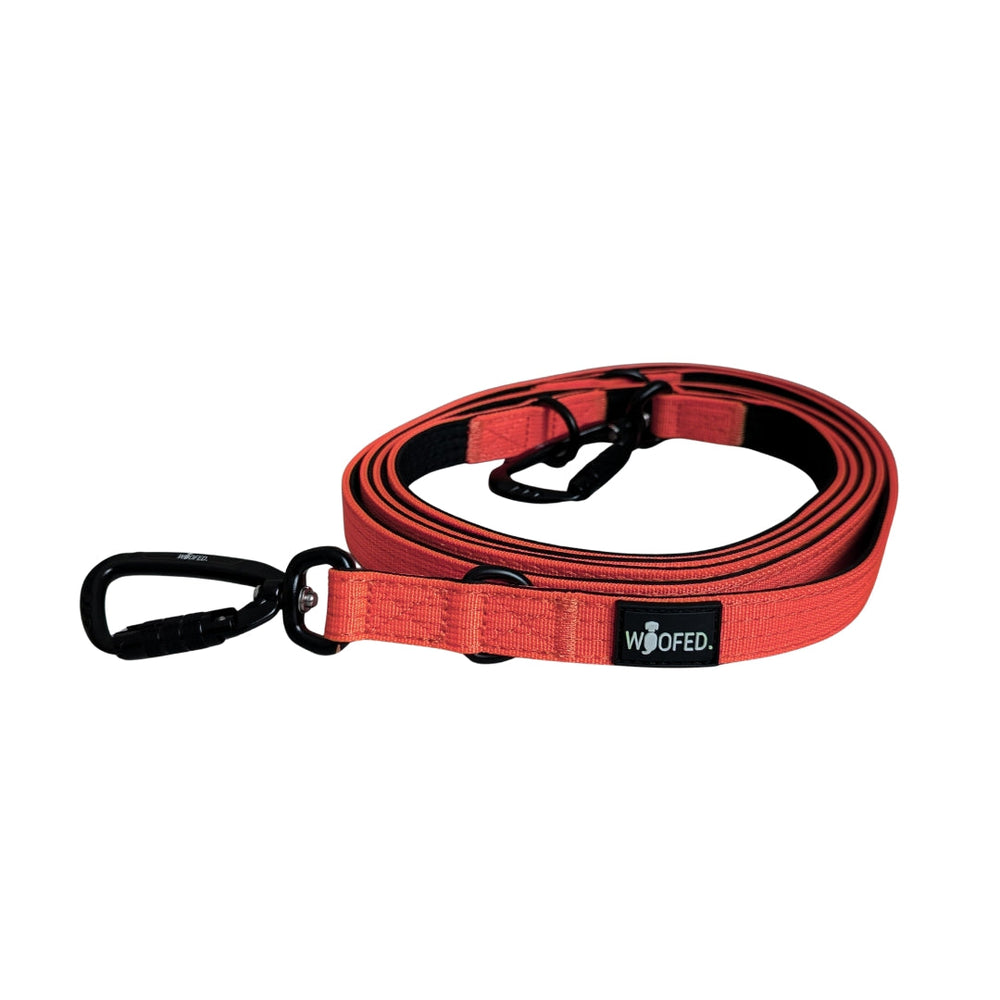 Leuchtend rote Hundeleine aus robustem Nylon mit Sicherheitskarabiner und schwarzem Design. Ideal für sichere Spaziergänge.