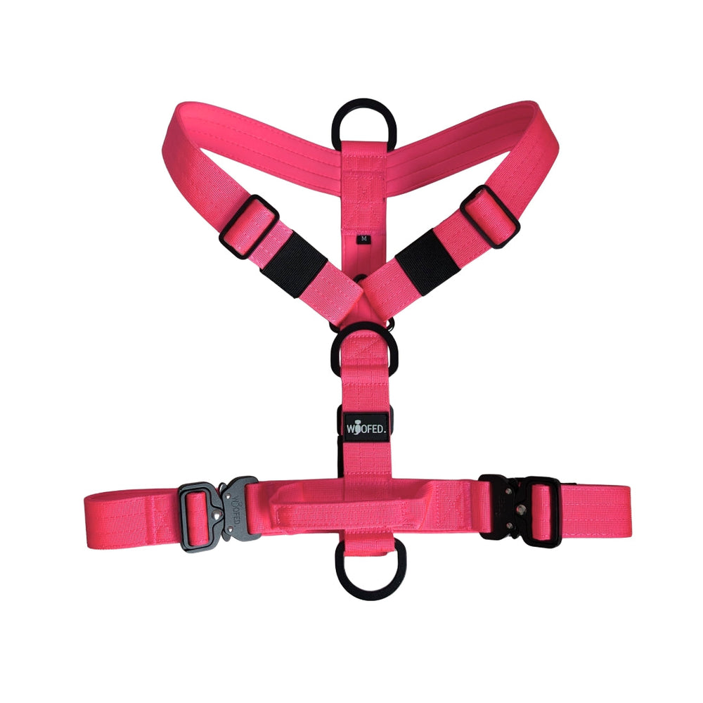 Pinkfarbens Y-Hundegeschirr mit verstellbaren Gurten und D-Ringen, ideal für komfortable Ausflüge mit Ihrem Hund.