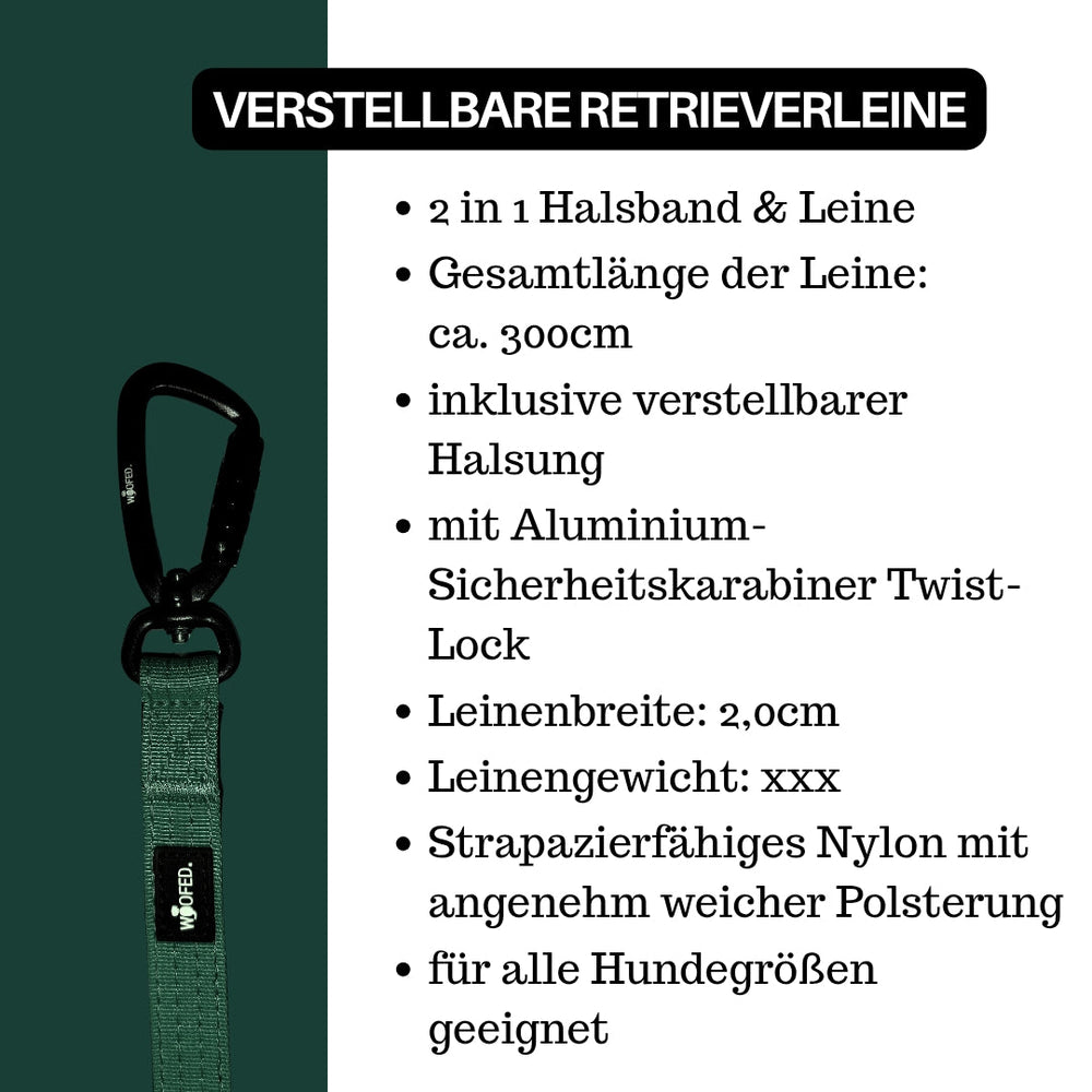 verstellbare Nylon Retrieverleine 3 m mit integrierter Halsung und Twist-Lock Karabiner für Hunde, bequem und langlebig
