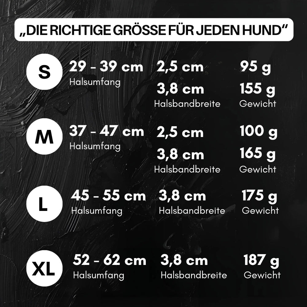 Übersicht der Größen für das verstellbare Hundehalsband WOOFLEX® Classic mit Maßen und Gewicht für jede Größe.