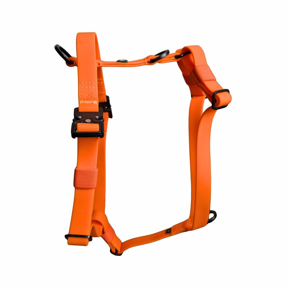 Oranges Y-Hundegeschirr WOOFLEX® mit Griff, verstellbaren Gurten und D-Ringen für sichere Leinenbefestigung.