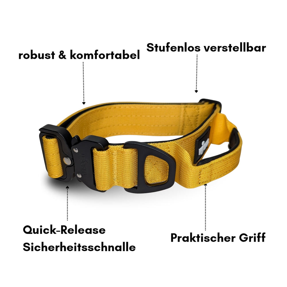 Ultraleichtes Nylon Halsband-Leine-Set in Gelb mit verstellbarer Schnalle und Quick-Release Sicherheitsfunktion.