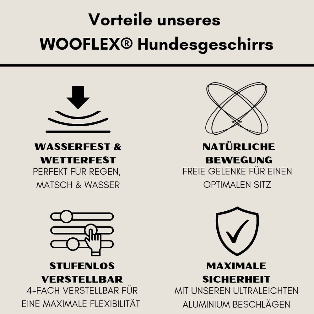 Vorteile des WOOFLEX® Hundegeschirrs: wasserfest, optimaler Sitz und stufenlose Verstellbarkeit.