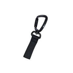 Schwarzer Sicherheitskarabiner mit Textilband, ideal für Gassigürtel und vielseitige Anwendungen.