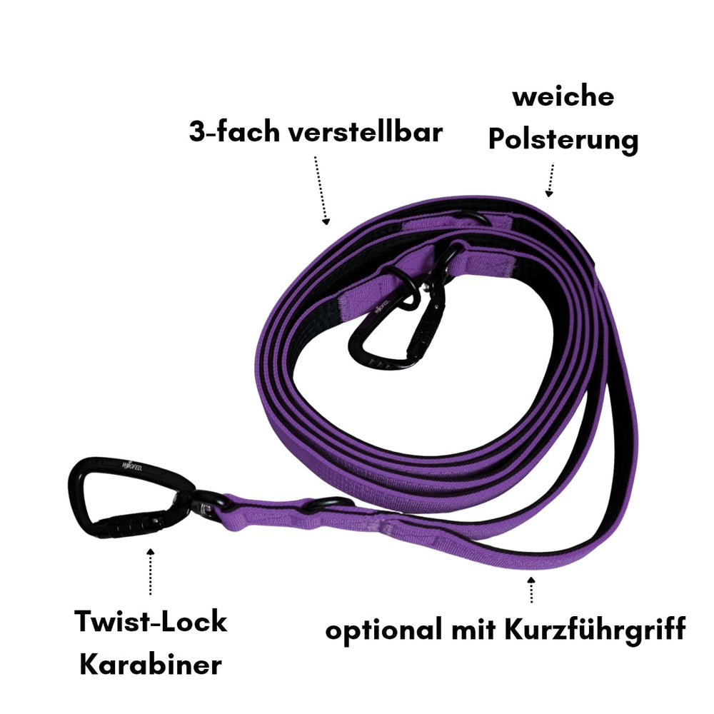 Hundeleine aus lila Nylon mit dreifacher Verstellbarkeit, gepolstertem Griff und sicherem Twist-Lock-Karabiner.