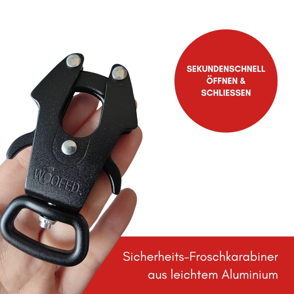 Schwarzer Sicherheits-Froschkarabiner aus Aluminium, ergonomisch und benutzerfreundlich, ideal für Führleinen.