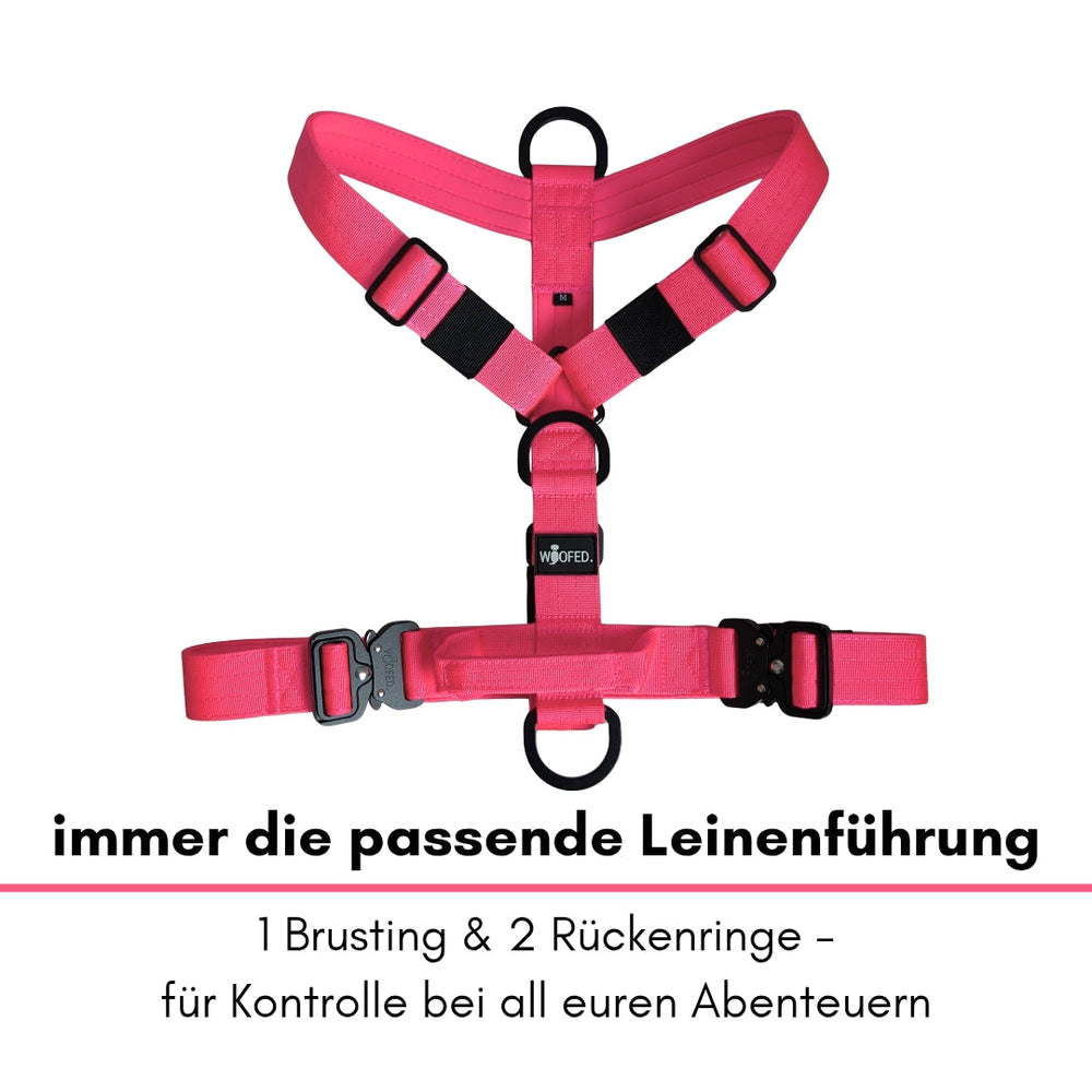 Pinkes Y-Hundegeschirr mit verstellbaren Gurten, Griff und optimalen Leinenringen für Abenteuer mit deinem Hund.