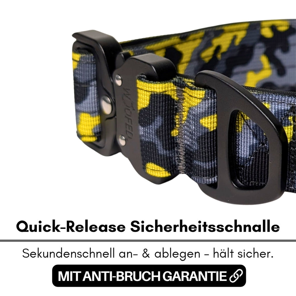 Ultraleichtes Nylon Halsband mit Griff und moderner, gelb-grauer Quick-Release Sicherheitsschnalle im Camouflage-Muster.