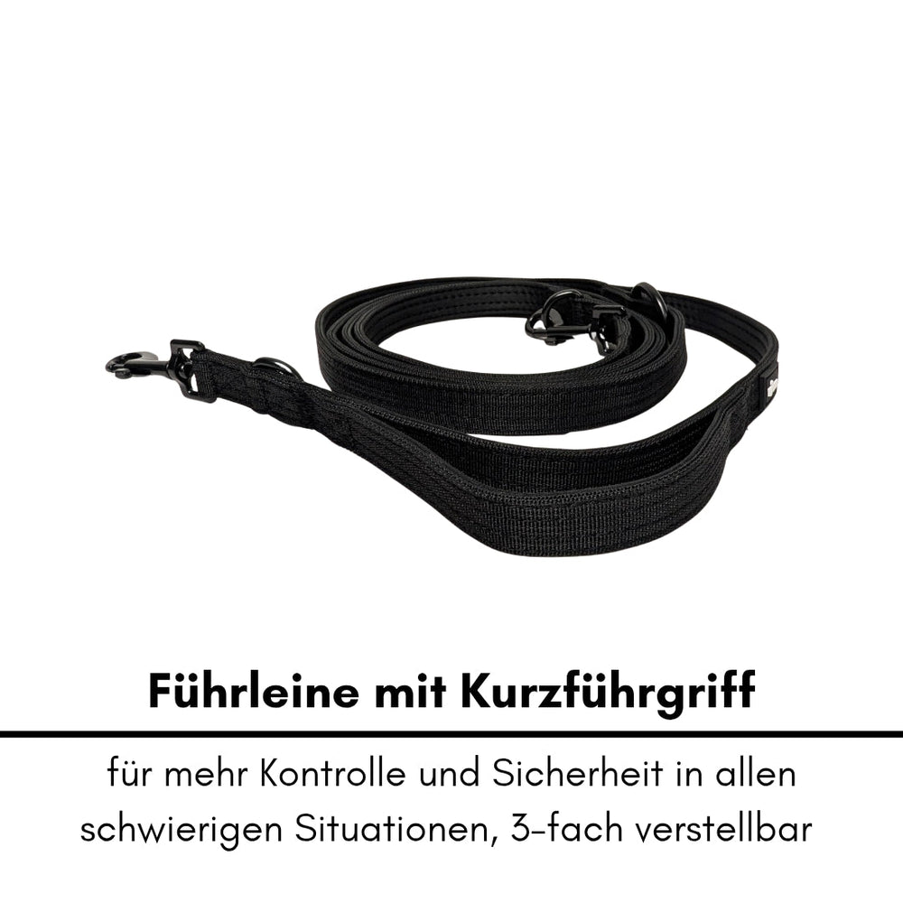 Schwarze Nylon Classic Führleine mit Kurzführergriff, 3-fach verstellbar für Komfort und Kontrolle in schwierigen Situationen.