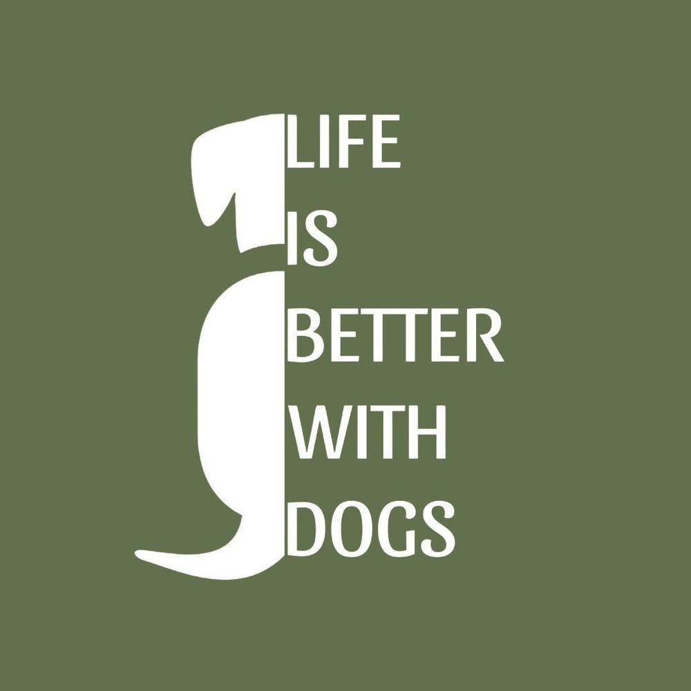 T-Shirt "Life is better with dogs" Unisex mit kreativem Hundedesign auf grünem Hintergrund für Hundeliebhaber.