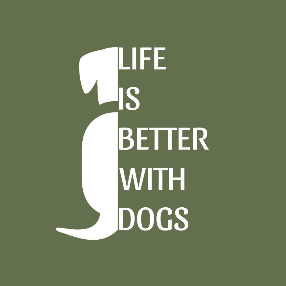 T-Shirt "Life is better with dogs" Unisex mit kreativem Hundedesign auf grünem Hintergrund für Hundeliebhaber.