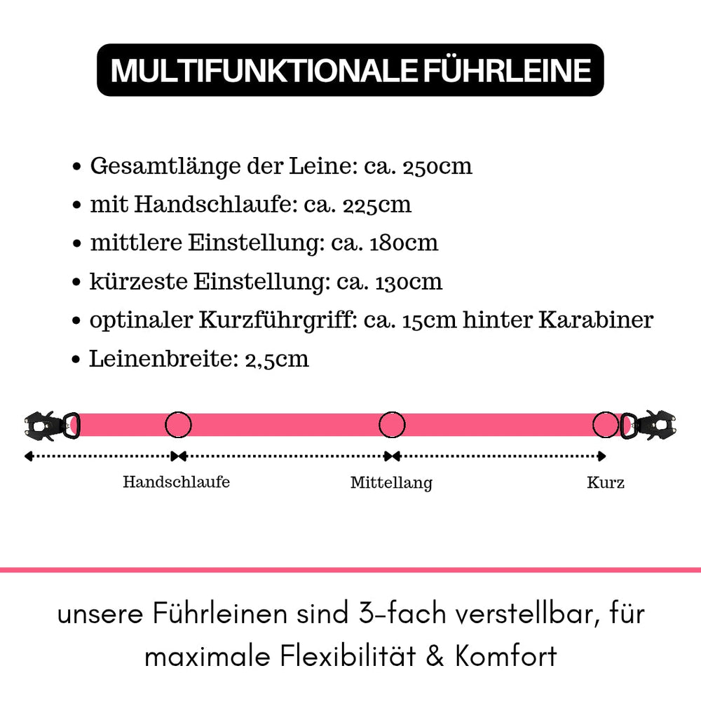 Multifunktionale pinke Führleine mit Froschkarabiner und verschiedenen Einstellmöglichkeiten bis 250 cm.