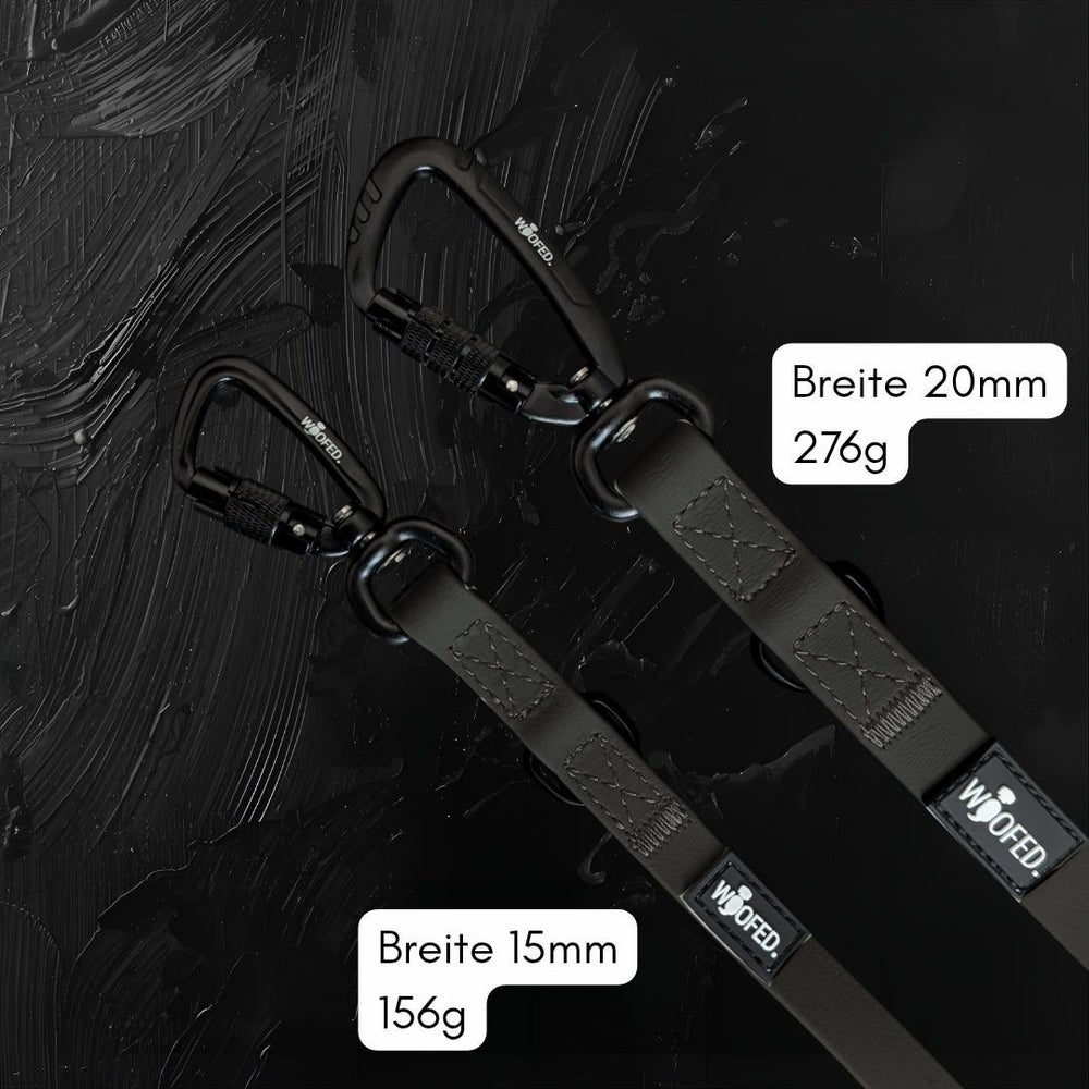 "Zwei unterschiedlich breite Umhängeleinen WOOFLEX® Pro für Hunde, 20 mm und 276 g auf der linken Seite."