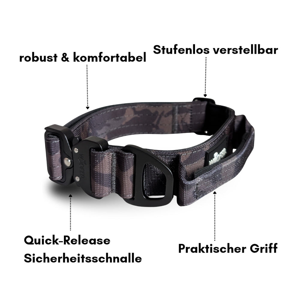Verstellbarer Nylon-Hundegeschirr-Gurt in Camouflage mit Quick-Release-Schnalle und praktischem Griff für Komfort und Sicherheit.