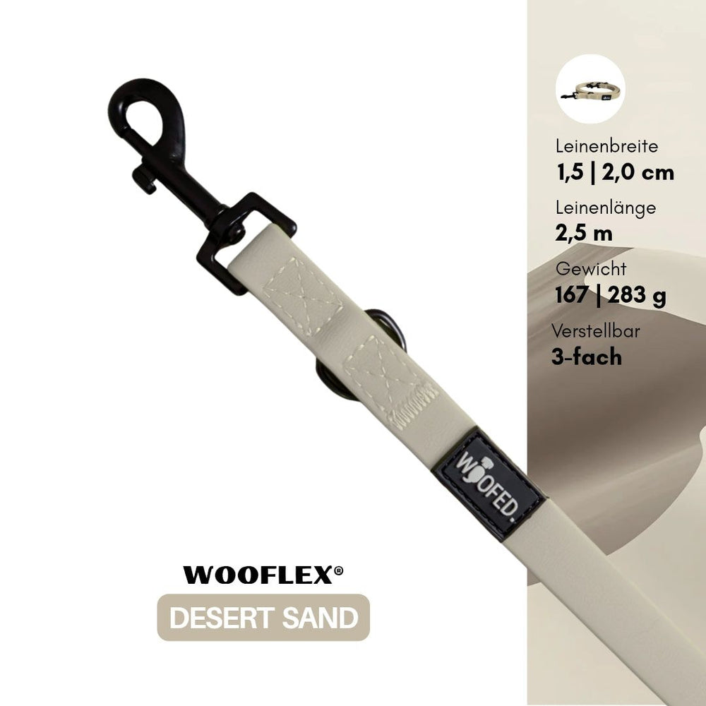Verstellbare Hundeleine WOOFLEX® Classic in "Desert Sand", 2,5 m lang und 1,5 cm oder 2,0 cm breit.