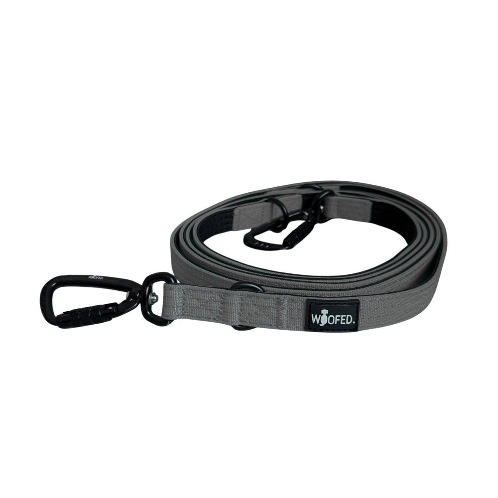 Graue Hundeleine aus Nylon mit Sicherheitskarabiner und Logopatch für optimalen Grip und Haltbarkeit.