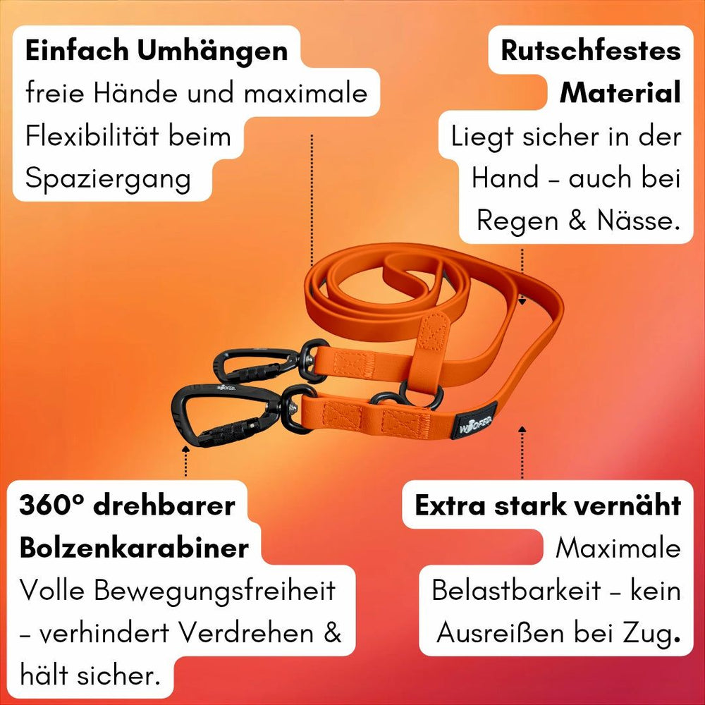 "Orangefarbene WOOFLEX® Pro Umhängeleine mit rutschfestem Material und zwei drehbaren Bolzenkarabinern für besten Komfort."