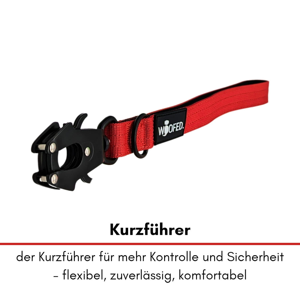 Schwarze Führleine mit rotem Gurt und Klickverschluss für mehr Kontrolle und Komfort beim Spazierengehen.