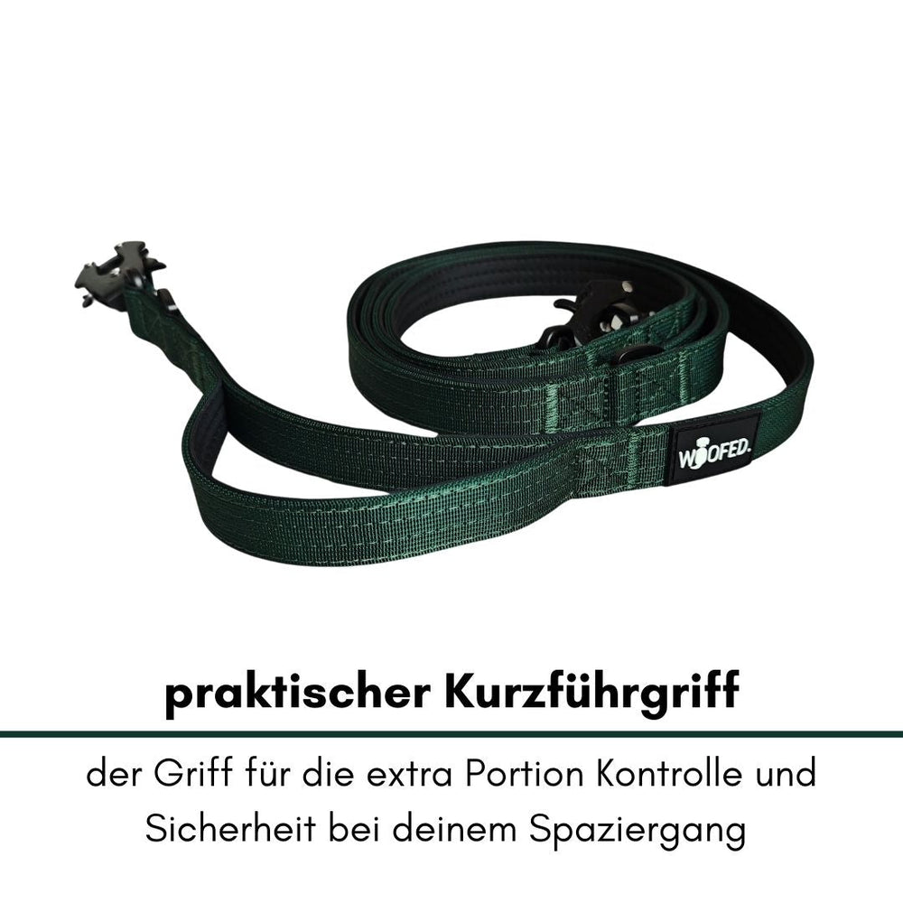 Dunkelgrüner Kurzführergriff mit robusten Clips für Hundeleinen, ideal für mehr Kontrolle und Sicherheit beim Spaziergang.