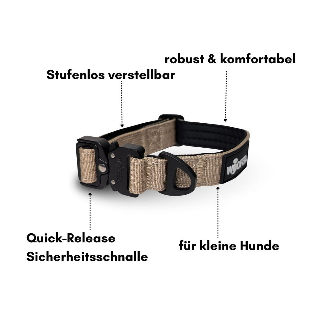 Beiges und schwarzes Hundegeschirr aus Nylon, ultraleicht, stufenlos verstellbar, mit Sicherheits-Schnalle und Griff.