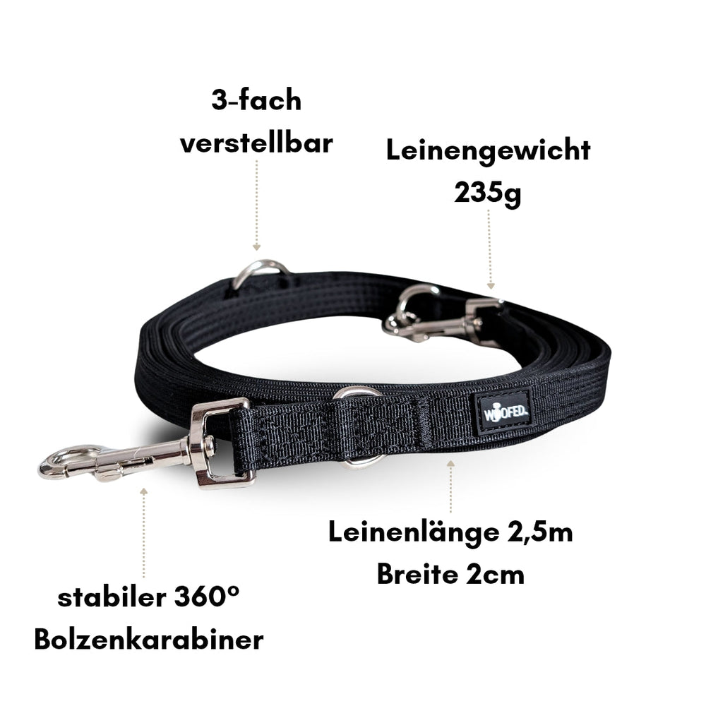 Schwarze dreifach verstellbare Nylon Führleine für Hunde, 2,5 m lang und 2 cm breit, Gewicht: 235 g.