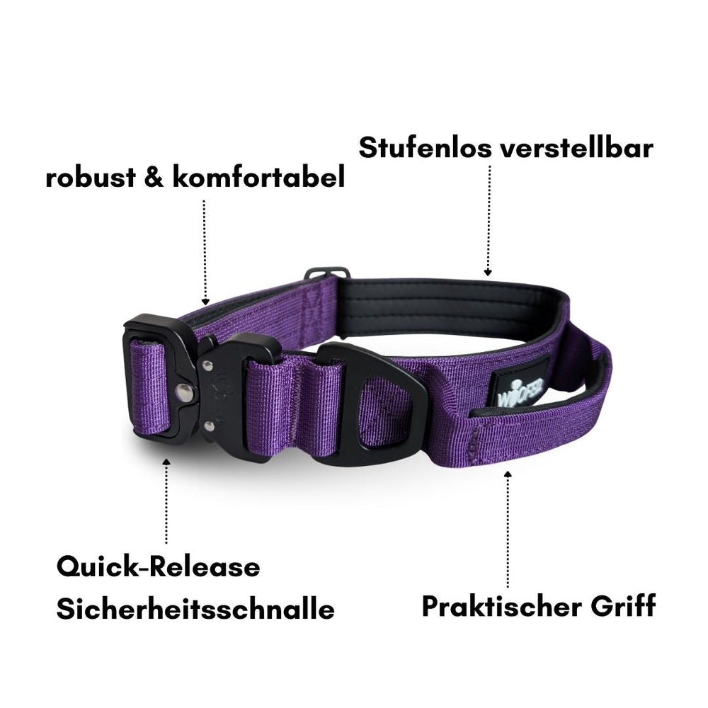 Ultraleichtes lila Nylon Hunde-Halsband mit Griff, stufenlos verstellbar und Quick-Release Sicherheits-Schnalle.