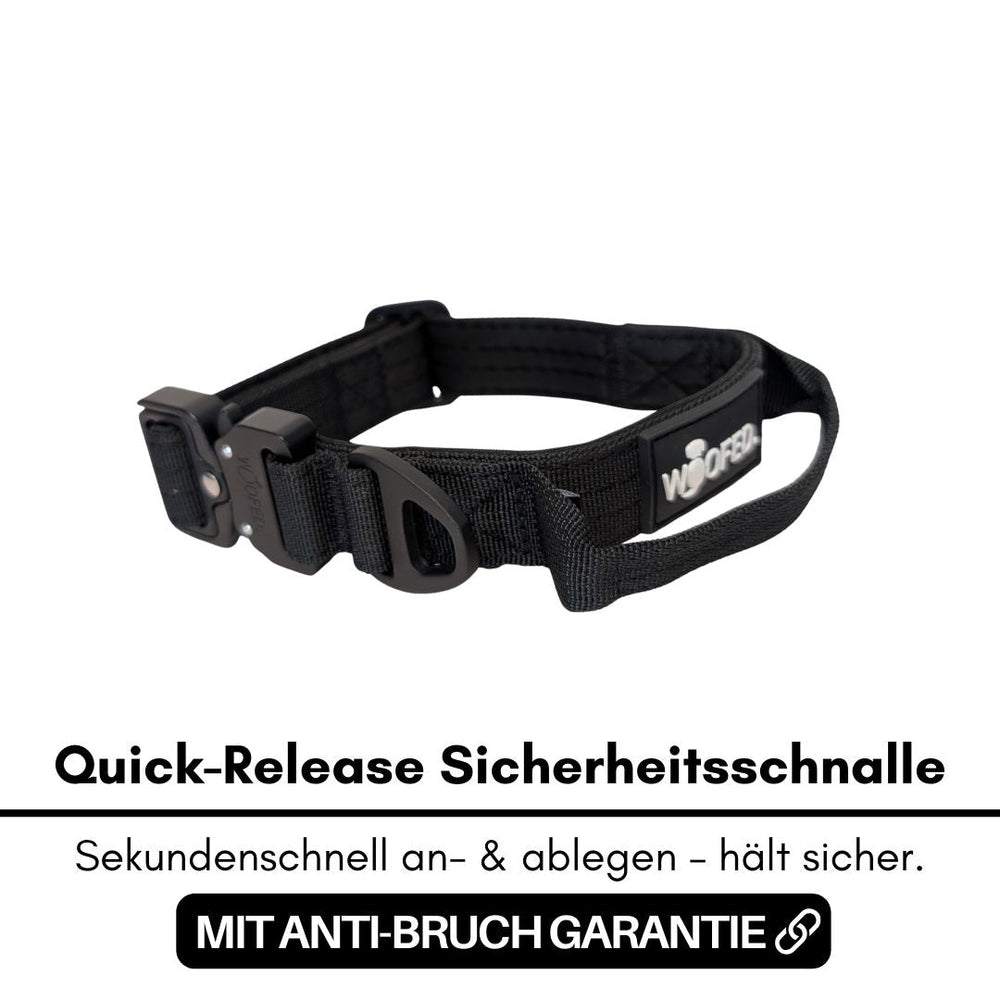 "Schwarze Quick-Release Sicherheitschnalle aus robustem Material für Nylon Halsband mit Griff, ideal für schnellen Einsatz."