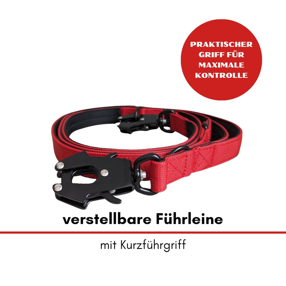Rote verstellbare Führleine mit Froschkarabiner, Kurzgriff und robusten Metallbeschlägen für optimale Kontrolle.