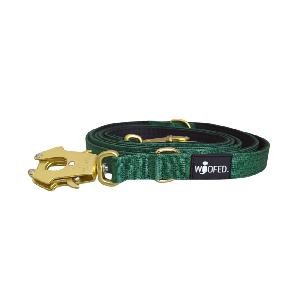 Grüne Hundeleine aus Nylon mit goldfarbenem Karabiner und WOOFED-Logo, ideal für Spaziergänge mit Ihrem Hund.