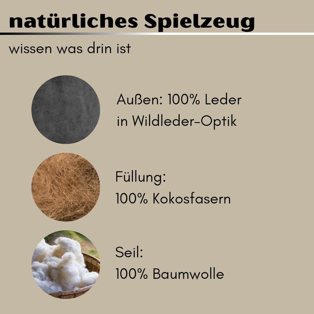 Nachhaltiges Hundespielzeug Ente Ella aus 100% Leder, Kokosfasern und Baumwolle für natürlichen Spielspaß und Robustheit.