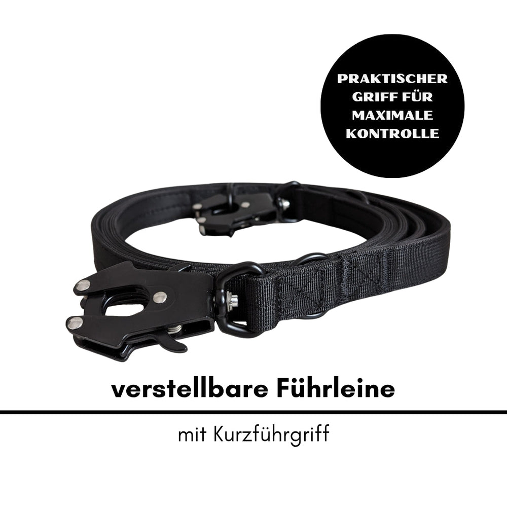 Verstellbare schwarze Hundeleine aus Nylon mit Froschkarabiner und Kurzgriff für optimale Kontrolle und Anpassungsmöglichkeit.