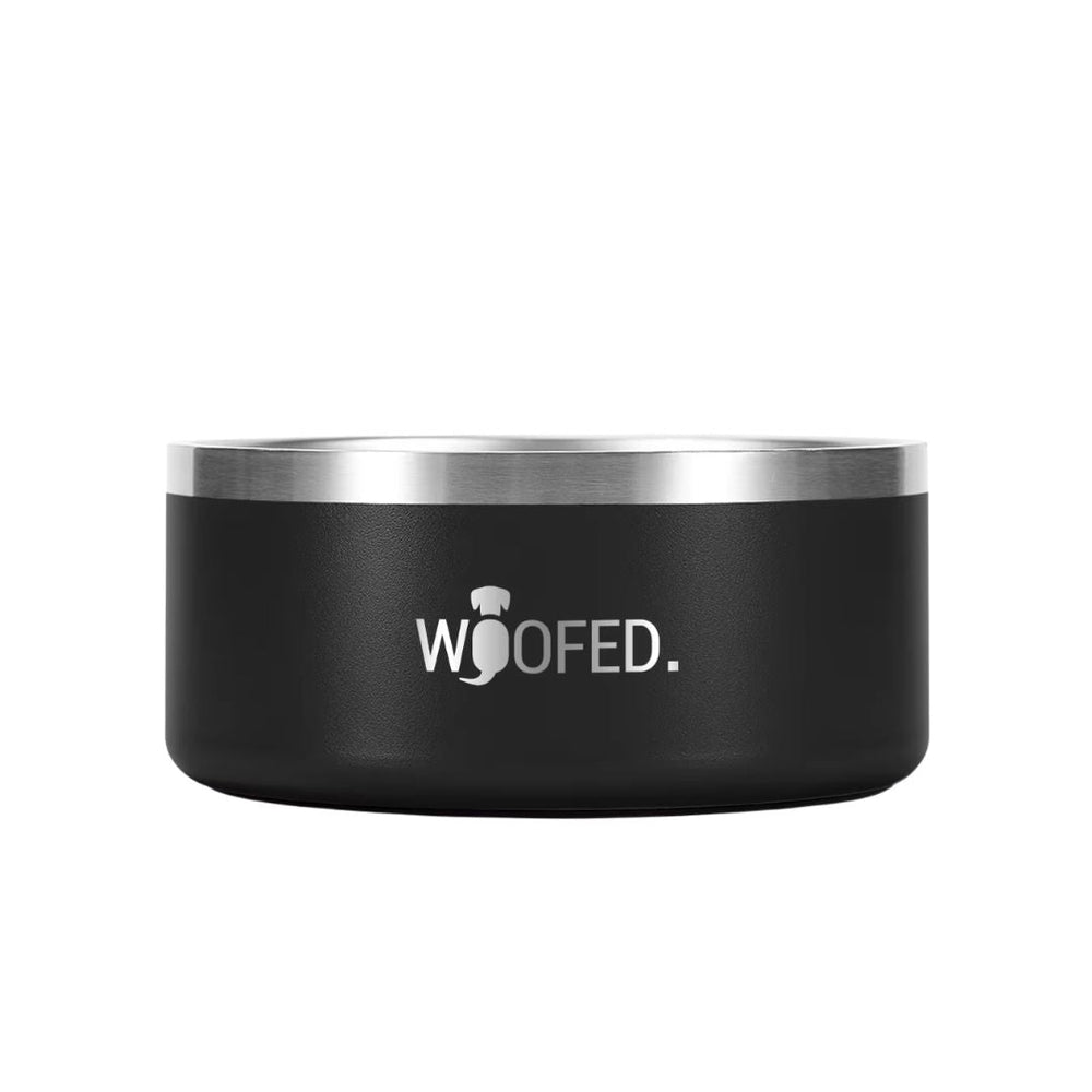Premium Edelstahlnapf WOOFED. in Schwarz mit Edelstahlrand, modernem Design und Anti-Rutsch-Boden für Haustiere.