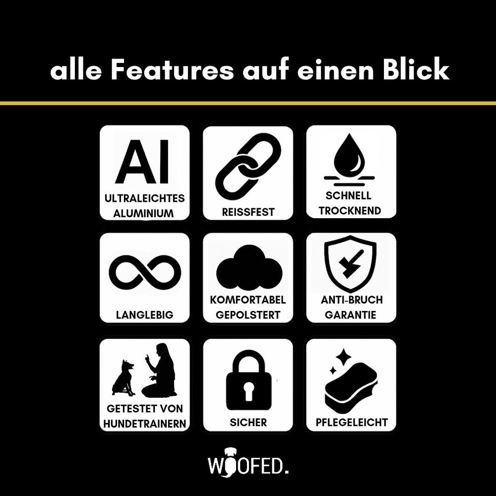 "Symbolanordnung für Nylon Halsband-Leine-Set: ultraleichte Materialien, Reißfestigkeit und schnelles Trocknen."