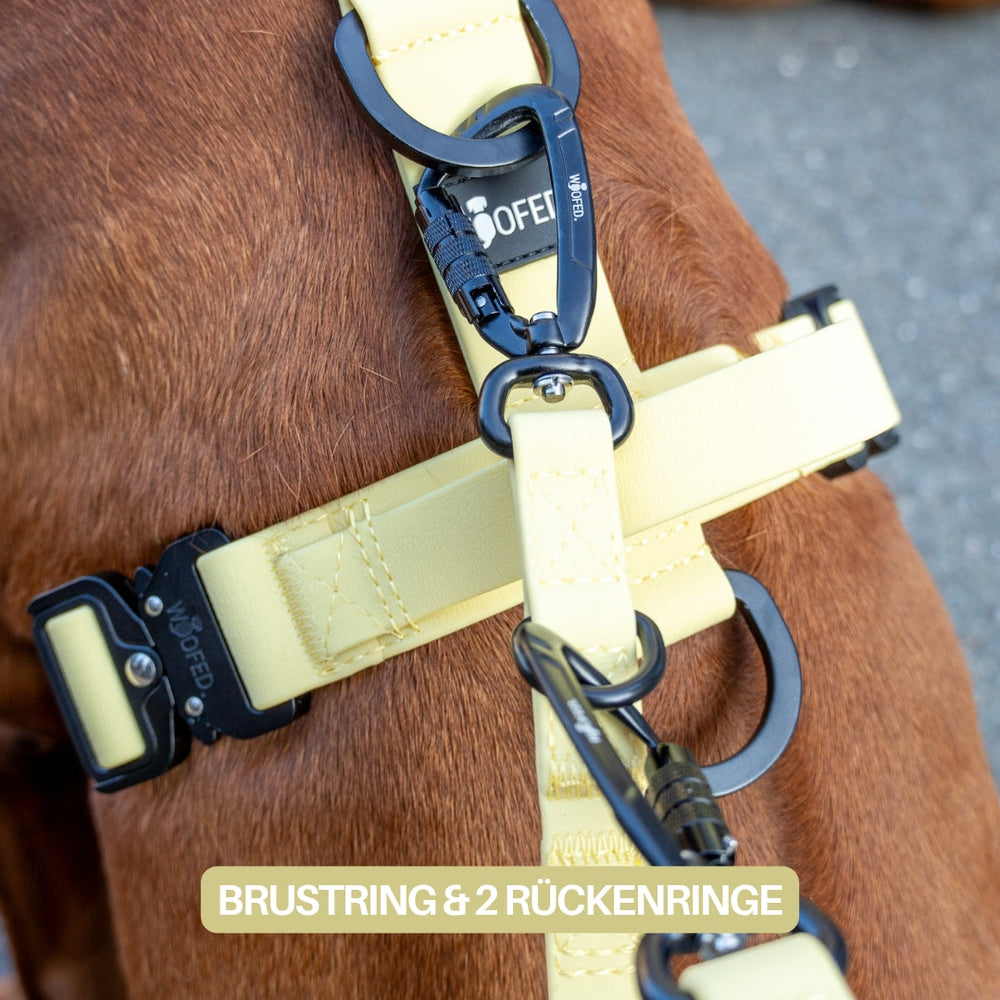 "Gelbes Y-Hundegeschirr WOOFLEX® mit verstellbaren Riemen, Griff und Sicherheitsringen für optimalen Komfort und Halt."