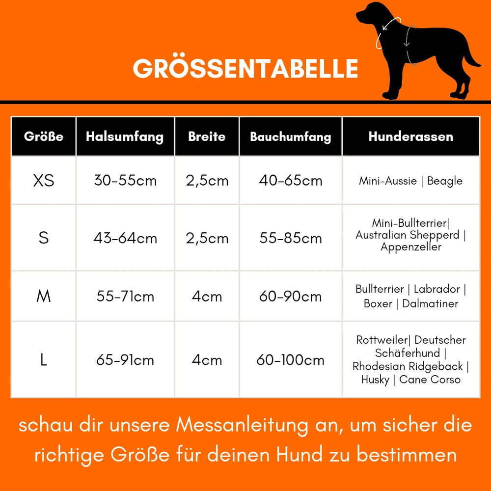 Größentabelle für das WOOFLEX® Y-Hundegeschirr mit Angaben zu Halsumfang, Breite und Bauchumfang in verschiedenen Größen.