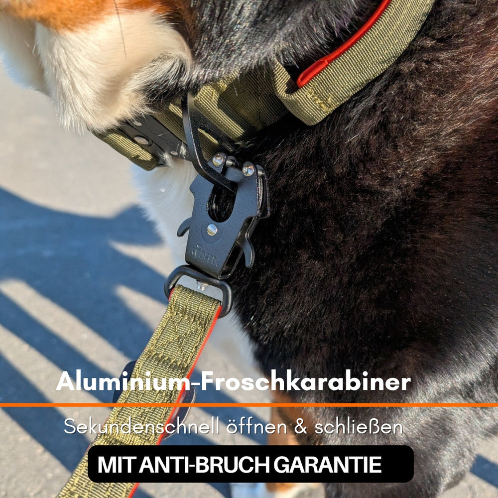 "Hundegeschirr mit Aluminium-Froschkarabiner für einfache Handhabung und sicheren Halt."