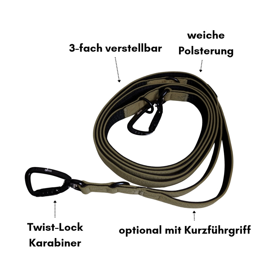 Verstellbare Hundeleine aus Nylon mit Polsterung, Twist-Lock Karabiner und optionalem Kurzgriff für optimalen Komfort.