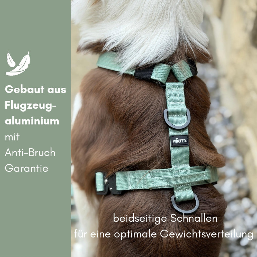 Y-Hundegeschirr in Mintgrün aus Flugzeugaluminium mit Griff und Anti-Bruch-Garantie für optimale Gewichtsverteilung.