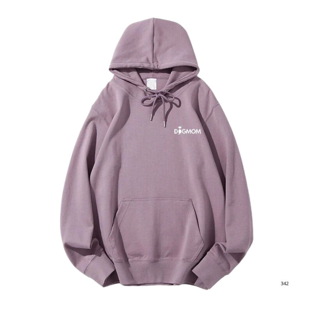 Hoodie Unisex "Dogmom" in Flieder mit Kapuze und Kängurutasche, lässiger Schnitt, weißer Aufdruck "DOG MOM".