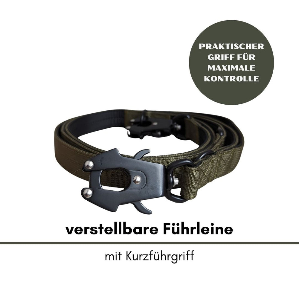 Verstellbare olivgrüne Führleine mit Kurzgriff und stabilem Froschkarabiner für optimale Hundeausbildung und Kontrolle.